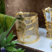 سطل زباله پذیرایی شیشه ترک برنجی طلایی طرح برگ و پروانه