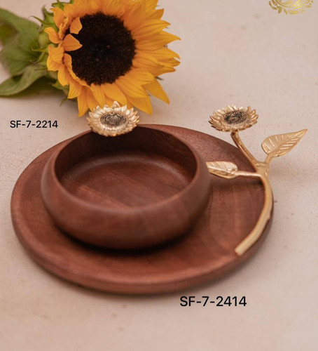 پیاله و پیش دستی چوبی_برنجی آفتابگردان