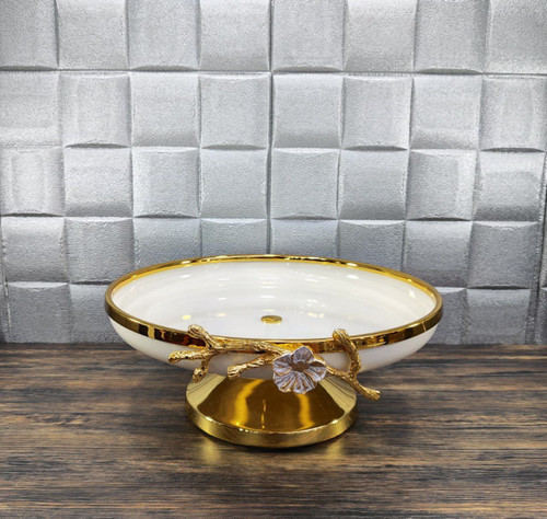 شیرینی خوری پایه دار فلزی طلایی کرم